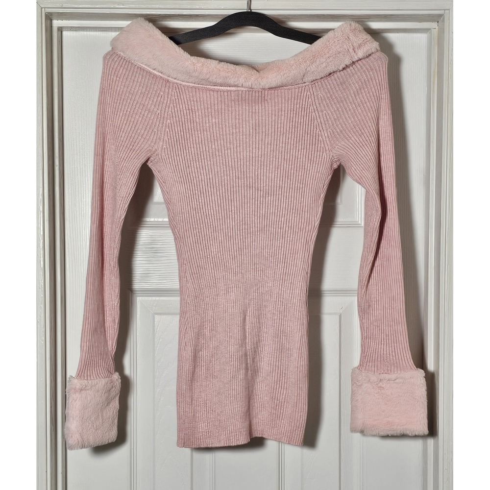Lost + Wander Ribbed Fur Trim Sweater XS Pink Button Front Long See Measurements - Picture 2 of 3